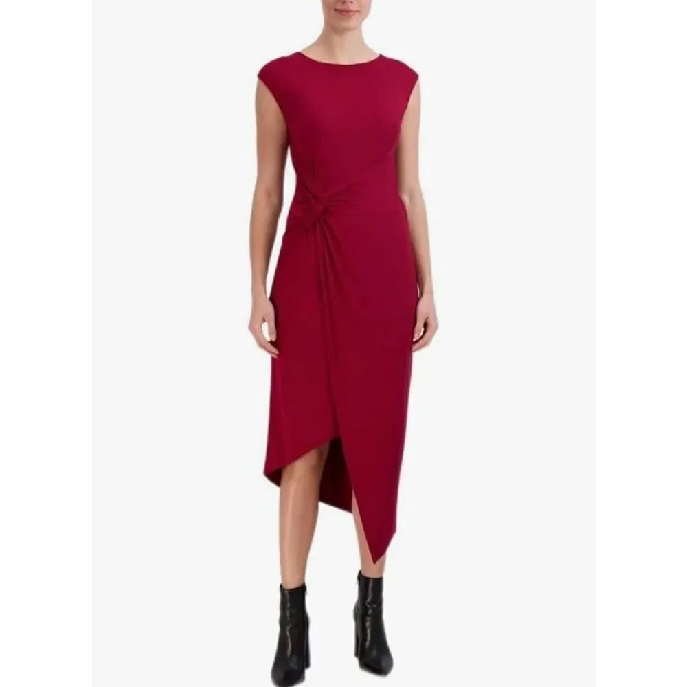 Laundry by Shelli Segal Red Midi Dress Asymmetrical Tie Ribbed NWT Small